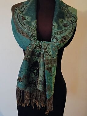 Teal Paisley Fringe Wrap Scarf Pasmina Silk Blend